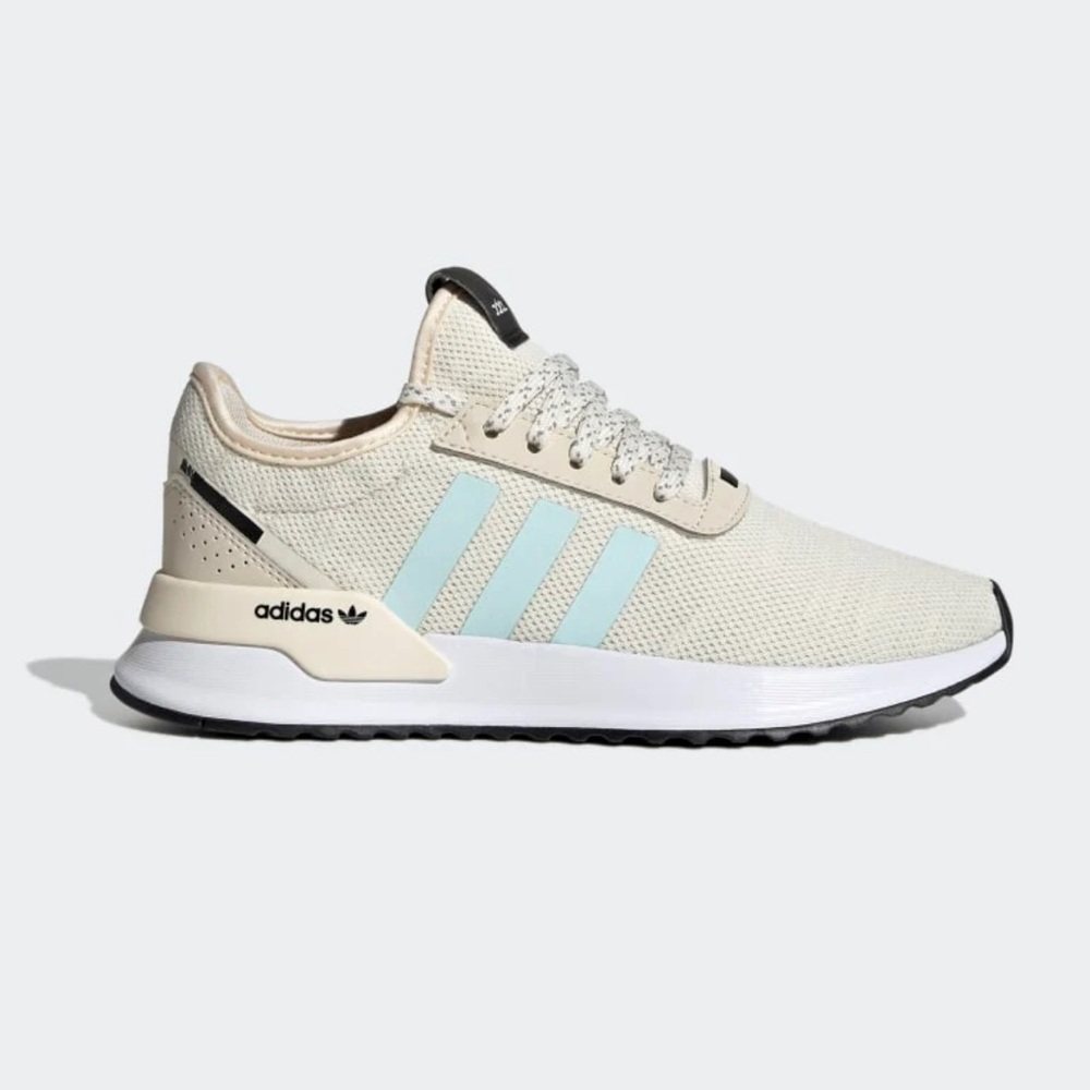 adidas Cream Knit Sneakers with Pastel Blue Stripes